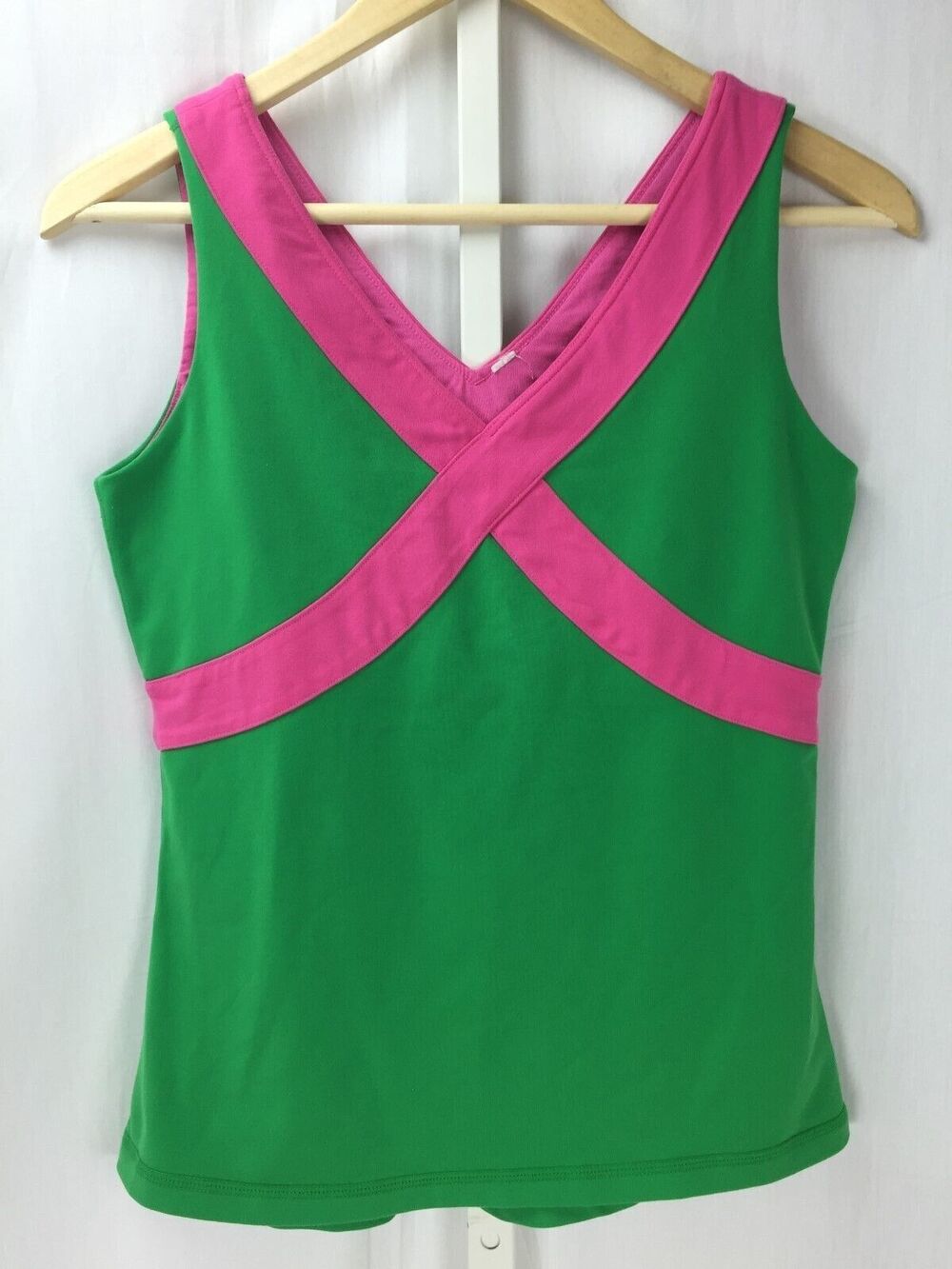 Lululemon Fittness Yoga Running Green & Pink Tank Top Fitted Stetch Style Sz 4 6